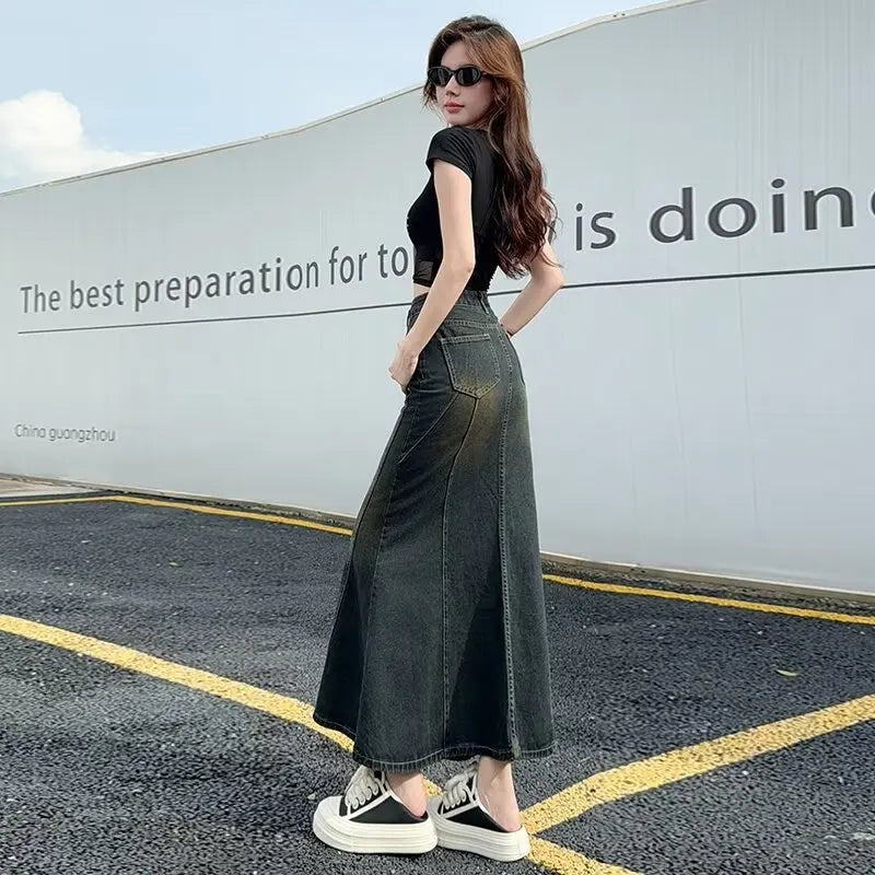 2026 Vintage Denim Spring New High Waist Slimming Mid Length A-line Fish Tail Wrapped Buttocks Skirt for Women