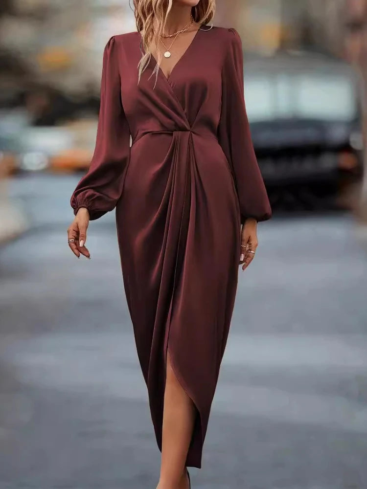 New in Satin Evening Party Maxi Dress Draped Silk V-Neck Long Sleeve Office Lady Midi Dresses Vestidos Sexy Chic Robes Longue