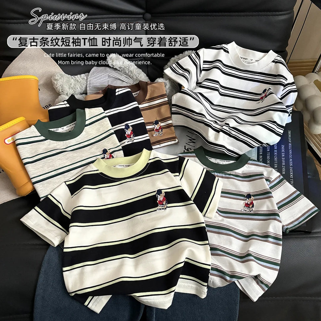 Summer Cotton Children Stripe Short Sleeve T-shirt For Boys and Girls Vintage Fashion Tops