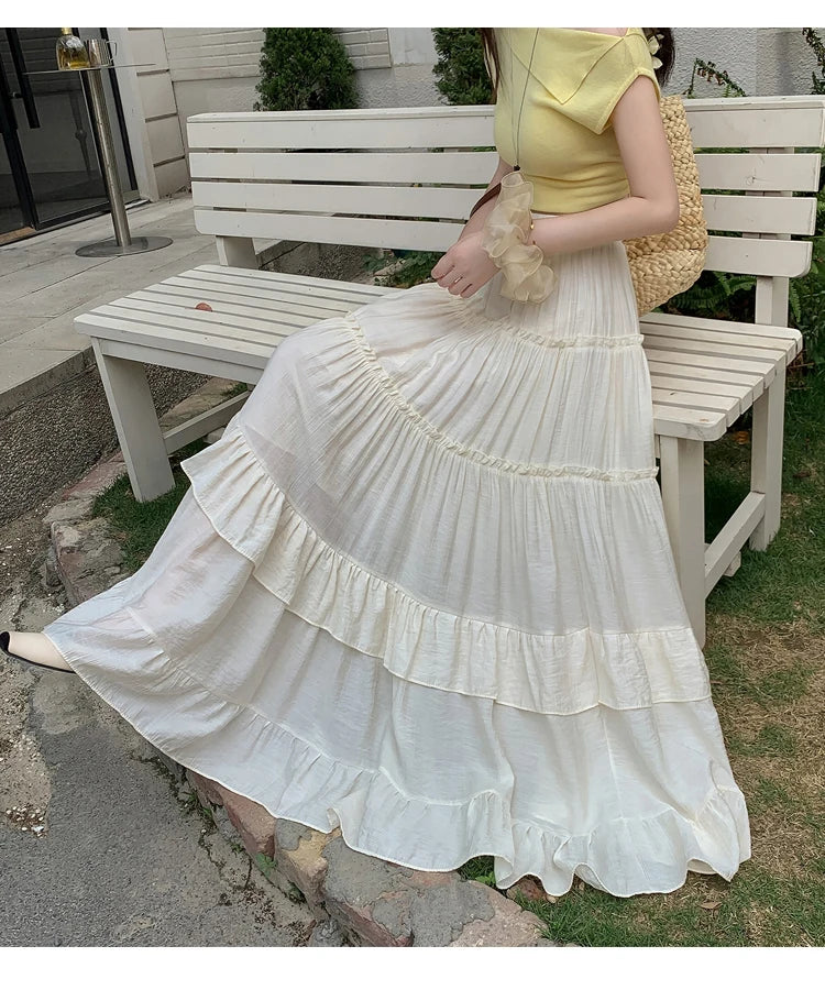 White Tiered Ruffle Hem Skirt 2025 - High Waist Flowy A-Line Maxi Skirt, Summer Chiffon Layered Skirt with Pleats