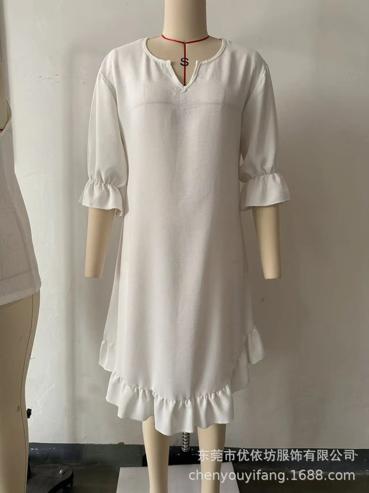 Retro Solid Summer Women's Dress Fashion Casual V-Neck Irregular lotus leaf edges Midi Dress Loose Simple Elegant Party Dress