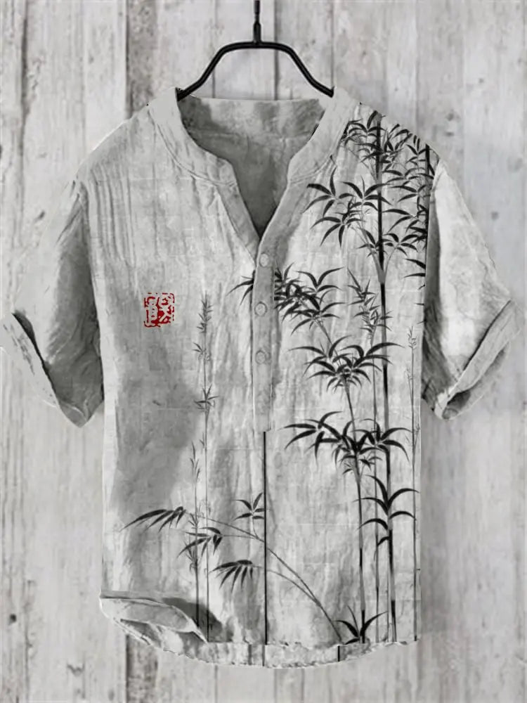 Men's New Linen Blended Shirt Japanese Samurai Comfortable Casual Top Retro Printed Men's Clothing