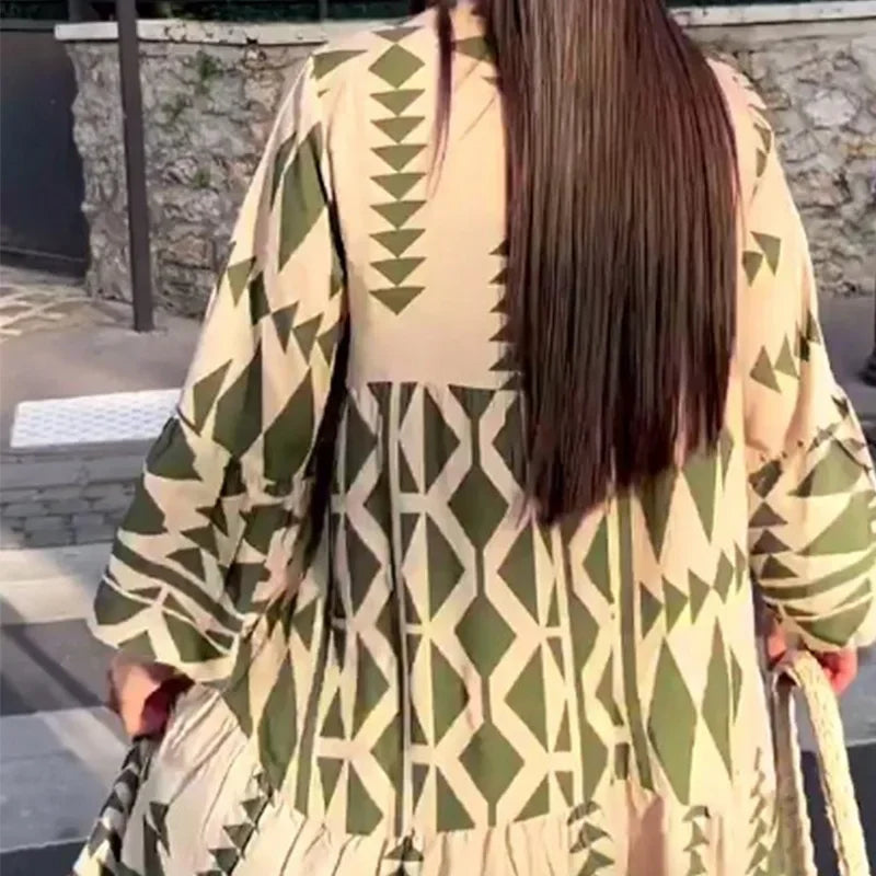 V-neck Long Sleeve High Waist Single Breasted Long Skirt New Holiday Loose Casual Women's Clothes Women Print Long Sleeve Dress
