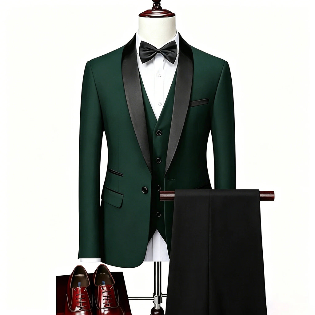 US Size XXS-3XL Men's 3 Piece Tuxedo Suit Set, Black Satin Shawl Lapel Slim Fit Blazer Vest Pants for Wedding Groom Party Prom