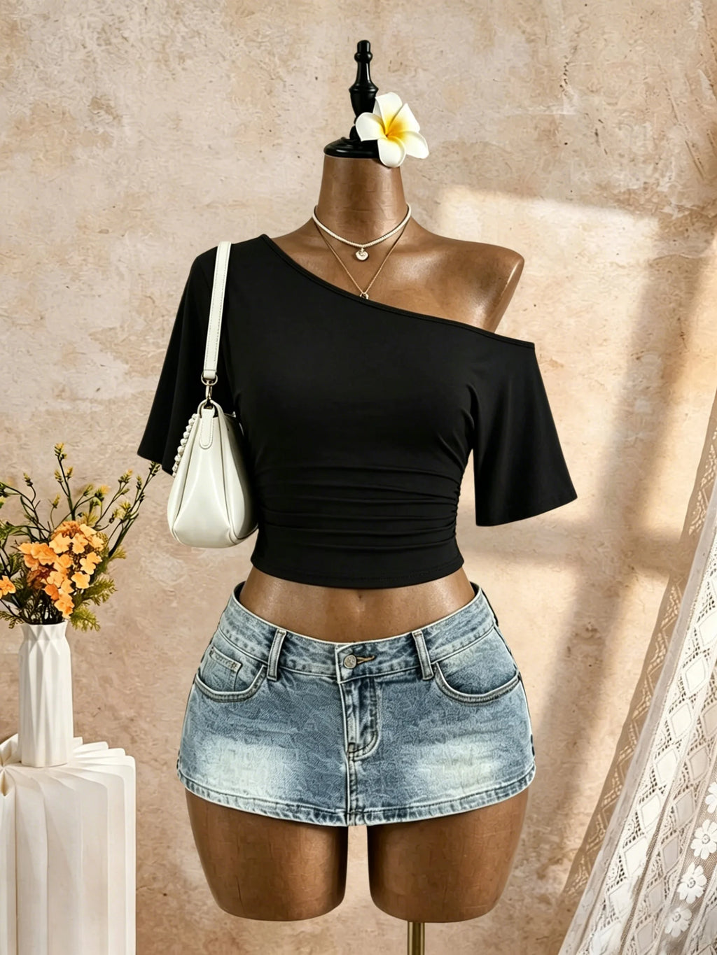 Women One Shoulder Short Sleeve T-shirt Side Ruched Waist Crop Tops Solid White Slant Off Shoulder Slim Fit Casual Streetwear Te