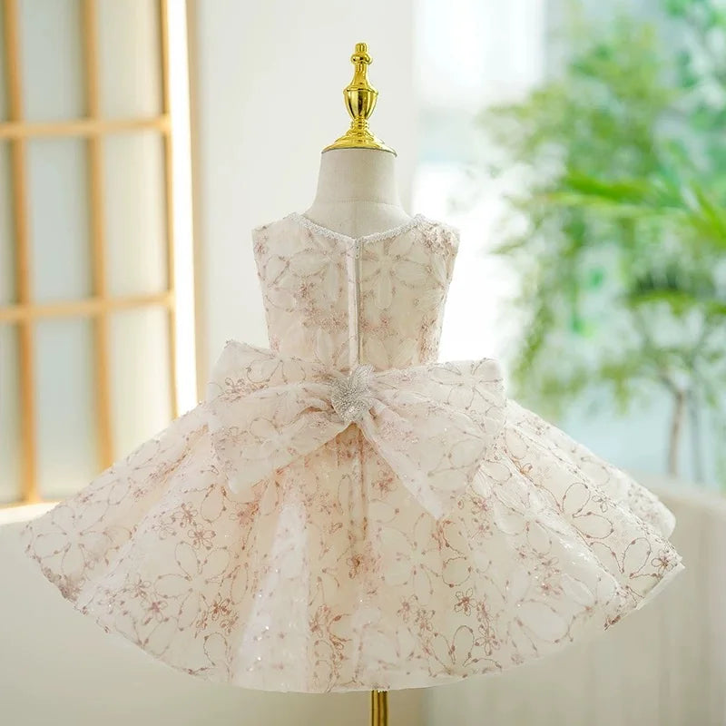 Dreamy Vow J418 Delicate Beige Girl Dress Sleeveless Tulle Floral Embroidery Bow Detail for Kids Holiday Party Short Ball Gown