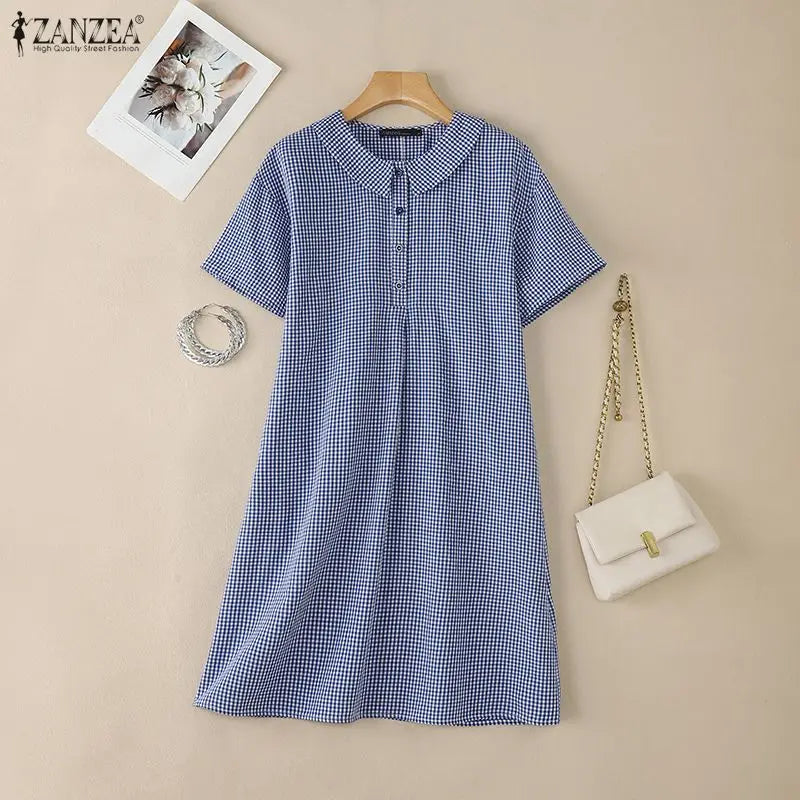 ZANZEA Women's Casual Gingham Short Dresses Turn-Down Collar Half-Button Short Sleeve Knee-Length Dress Summer Robes Femme