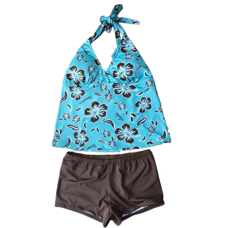Tropical Floral Print Halter Tankini Swimsuit, V-Neck Top & Boyshort Bottom Two-Piece Set