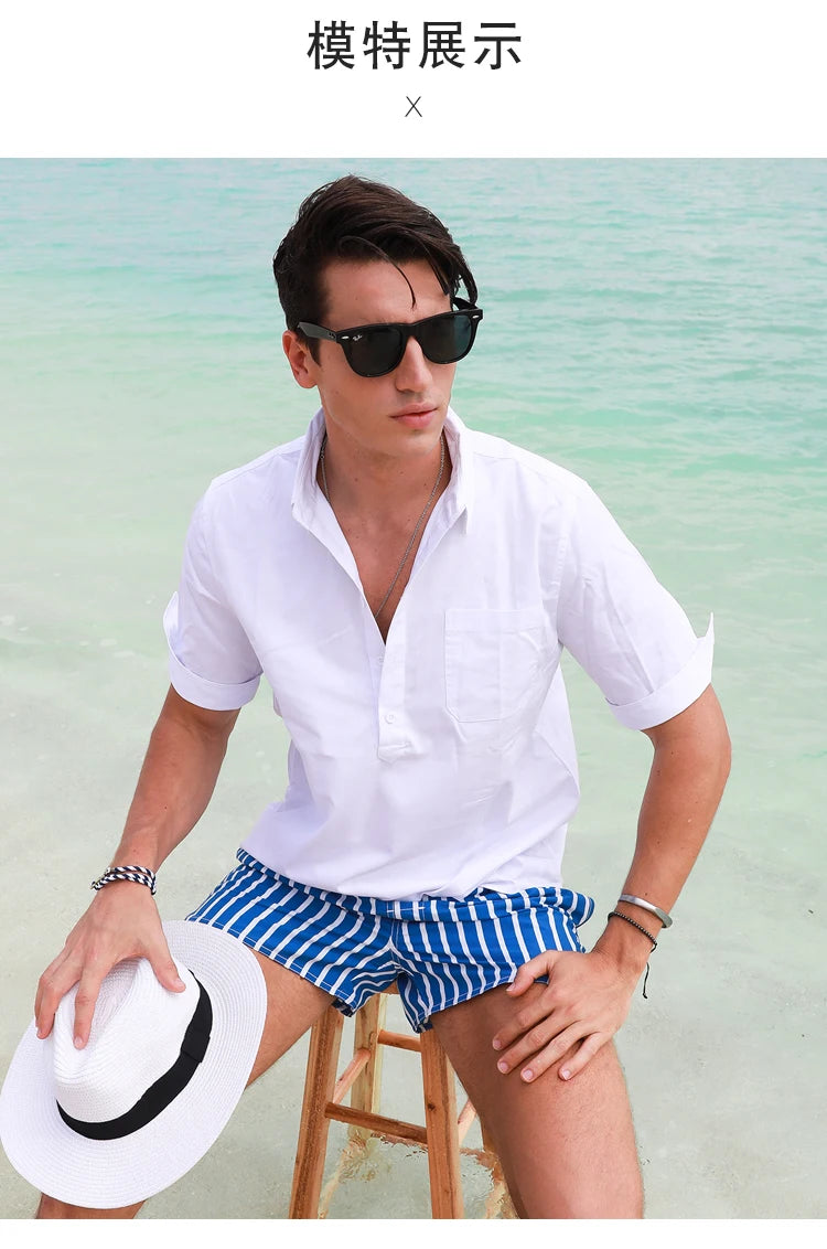 Men Clothing 2026 Beach Pants Men's Beach Vacation White Striped Shorts Hot Spring Swimming Trunks with Lining