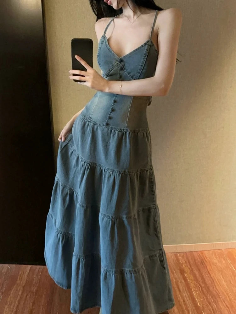 Y2k Women Dresses Spring Summer Ruffles Sleeveless Vintage Vestidos Mujer Korean Fashion Sexy V Neck A-line Long Dress