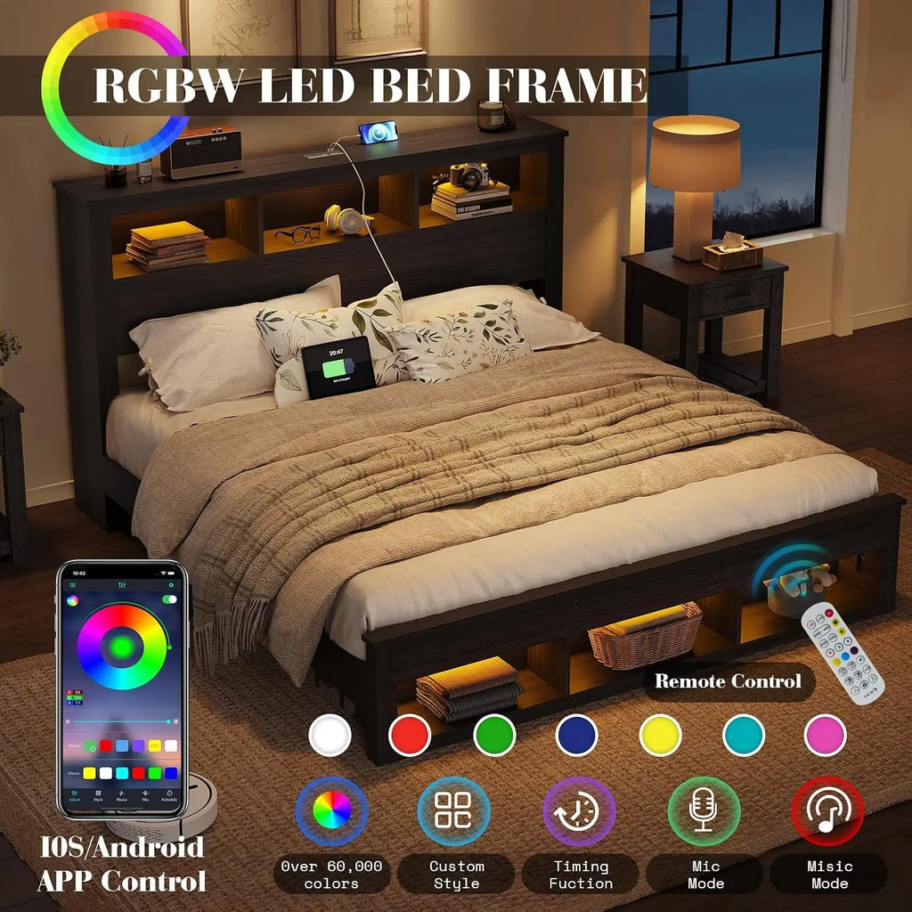King Bed Frame with 47.2” Bookcase Storage Headboard & Footboard, Farmhouse Wooden Platform Bed with LED Light, Custom