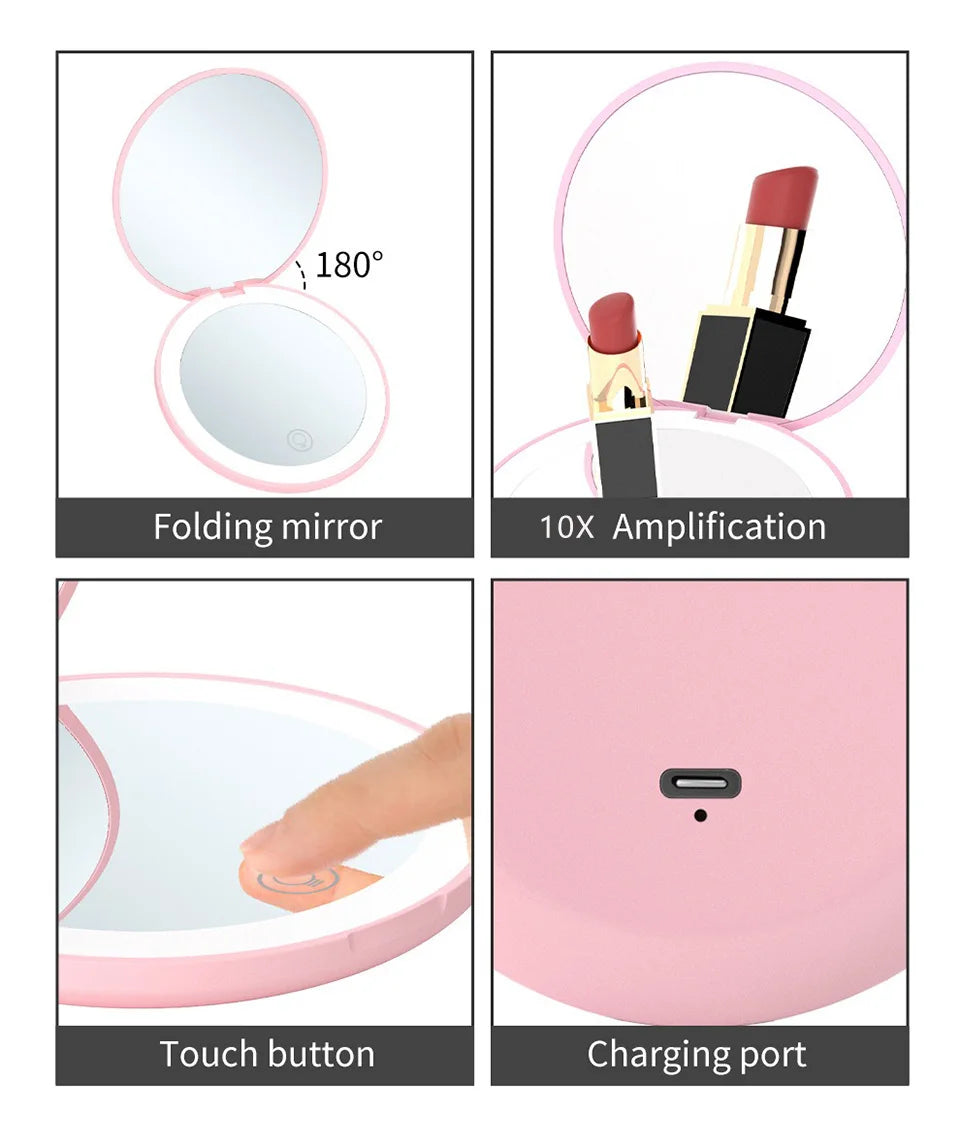 Pocket Mirror With Led Light Compact Makeup Mirror Small Mirrors Wholesale Mini Hand Folding Cute Mirror With Magnification