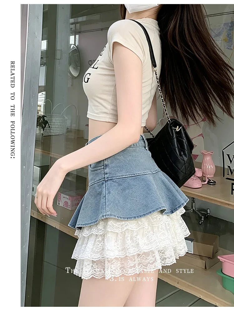 HotSweet Denim Patchwork Lace Mini Skirt 2026 Summer Ruffled Slimming A-Line Skirt For Women Streetwear Y2k Short Skirts