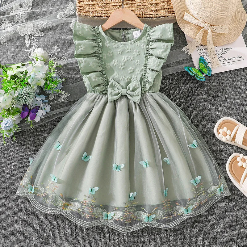 2026 New Children Cute Puff Dresses Kids Bow Embellish Butterfly Print Skirt Girls Birthday Party Trend Gown Baby Sweet Clothes