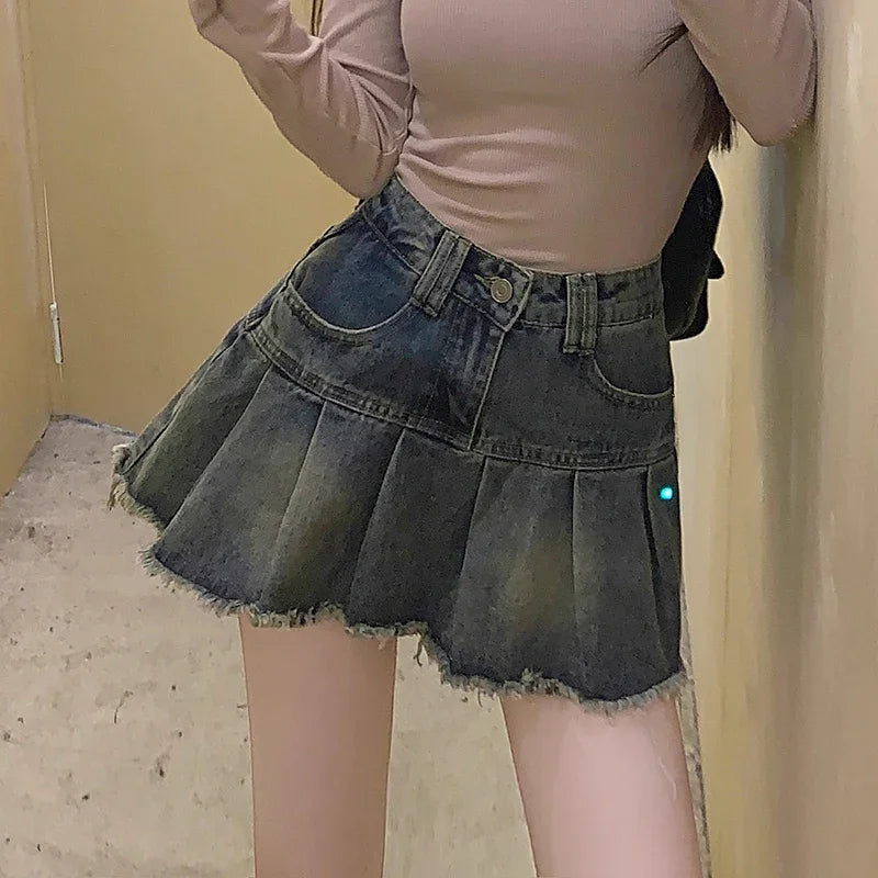 Summer Women Y2k High Waist Mini Skirts Girls Korean A Line Denim Pleated Dress Female Fashion Punk Blue Harajuku Jeans Skirts