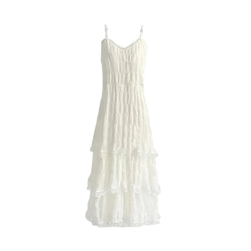 Women's Lace Ruffle Maxi Dress – Elegant Spaghetti Strap Summer Dress