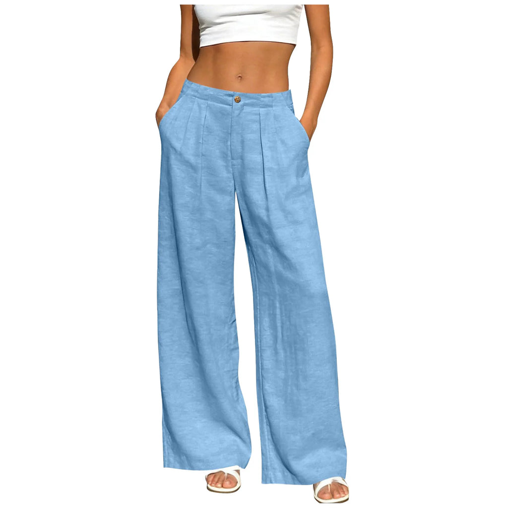 Women's Wide Leg Trousers - Lightweight Solid Casual Pants with Pockets