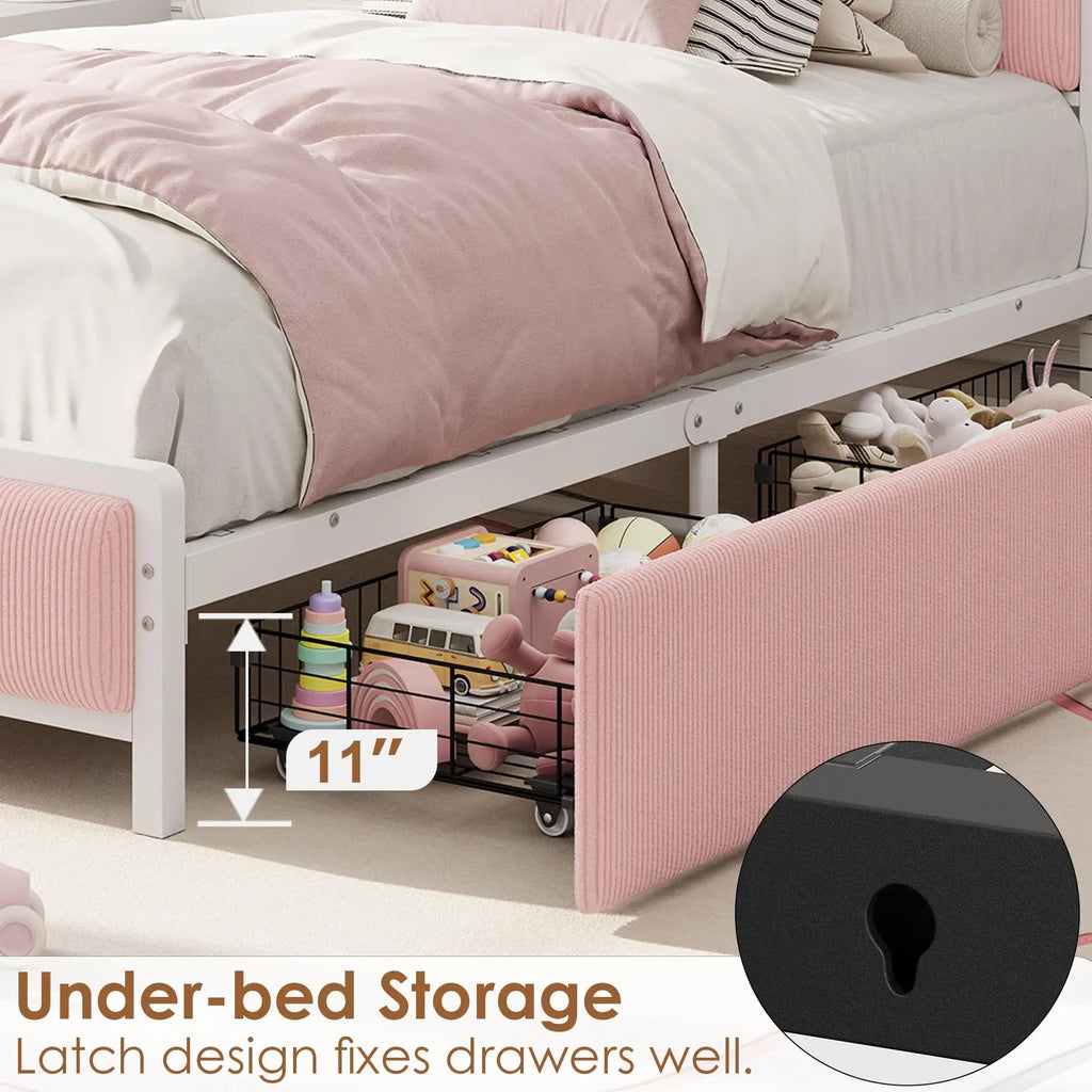 Twin/Twin XL Bed Frame With 2 Drawers, Charging Station, Corduroy Upholstered Shelf Headboard, Underbed Storage, No Box Spring