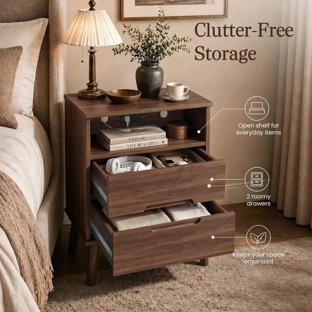 Tall Wood Nightstand Set of 2 with Charging Station amp USBC, Mid Century Modern Bedside Table with Solid Wood Legs, Walnut Fin