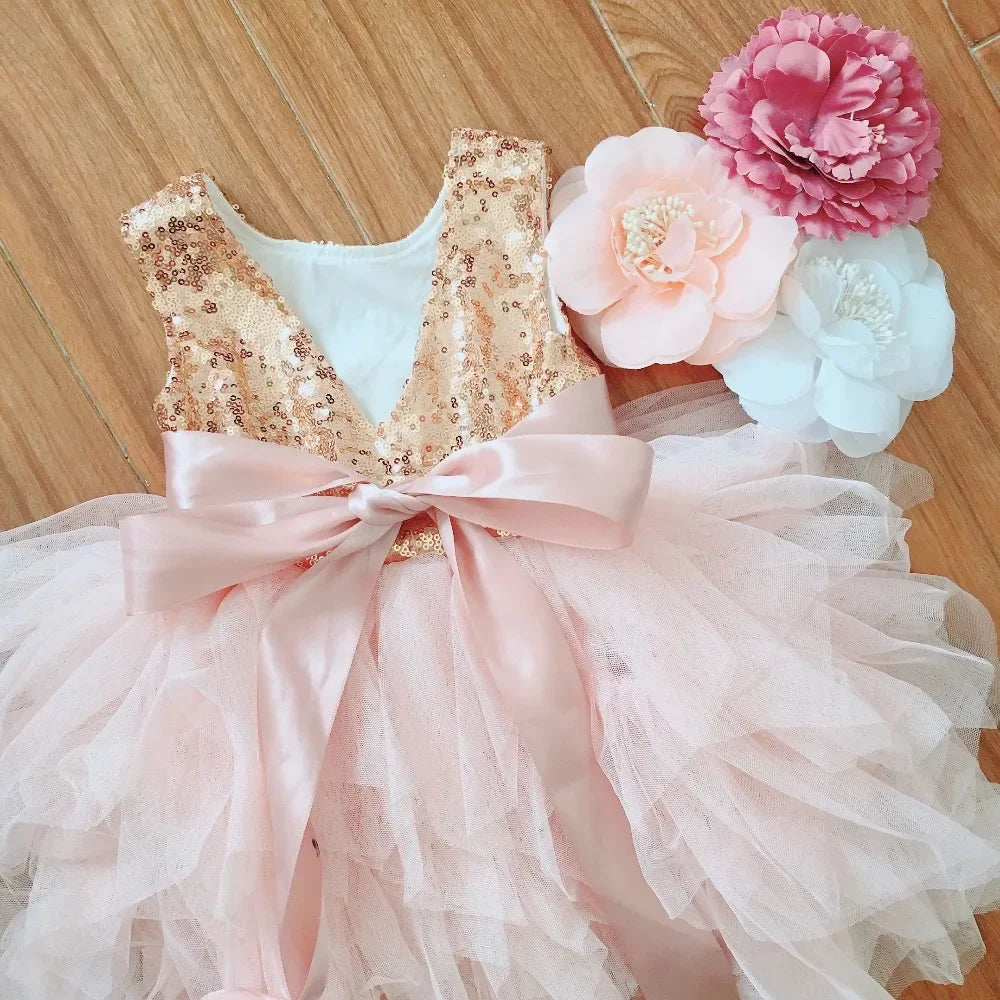New Born Baby Girls Birthday Dress for Kids Xmas Toddle Party Gown Gold Sequined Layered Tutu Dress Children New Year Clothing