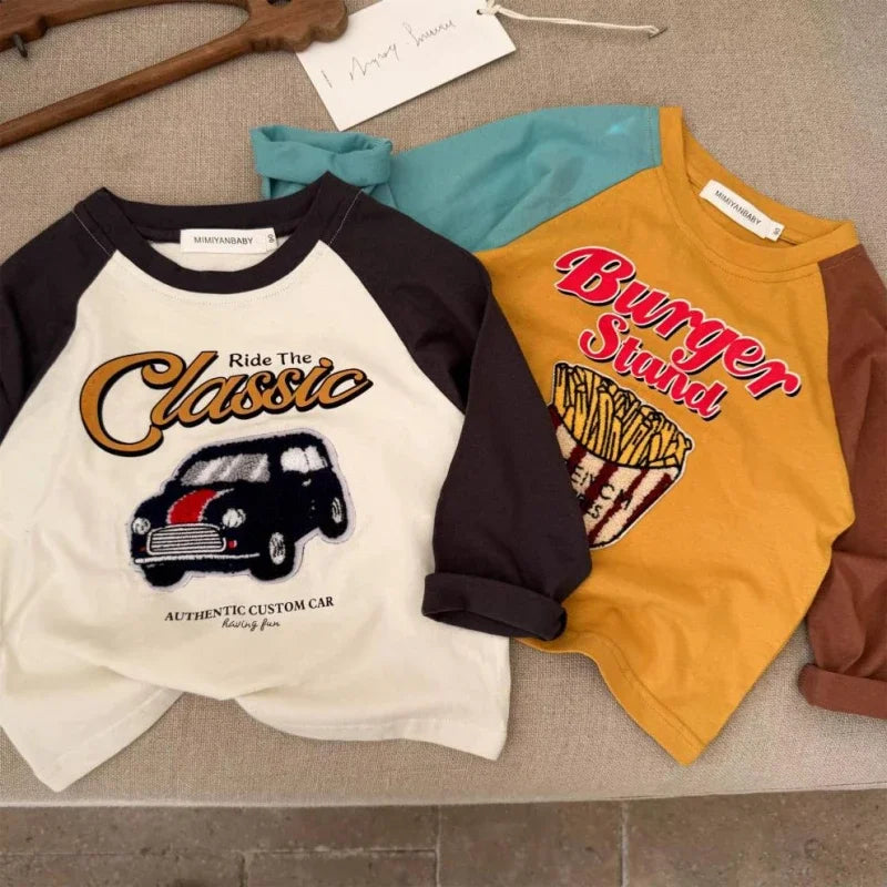 Boys Spring Cartoon Splicing T-Shirt Costume Toddler Fashion Cute Round Neck Tees Casual Loose New Long-Sleeved Tops Outer Wear