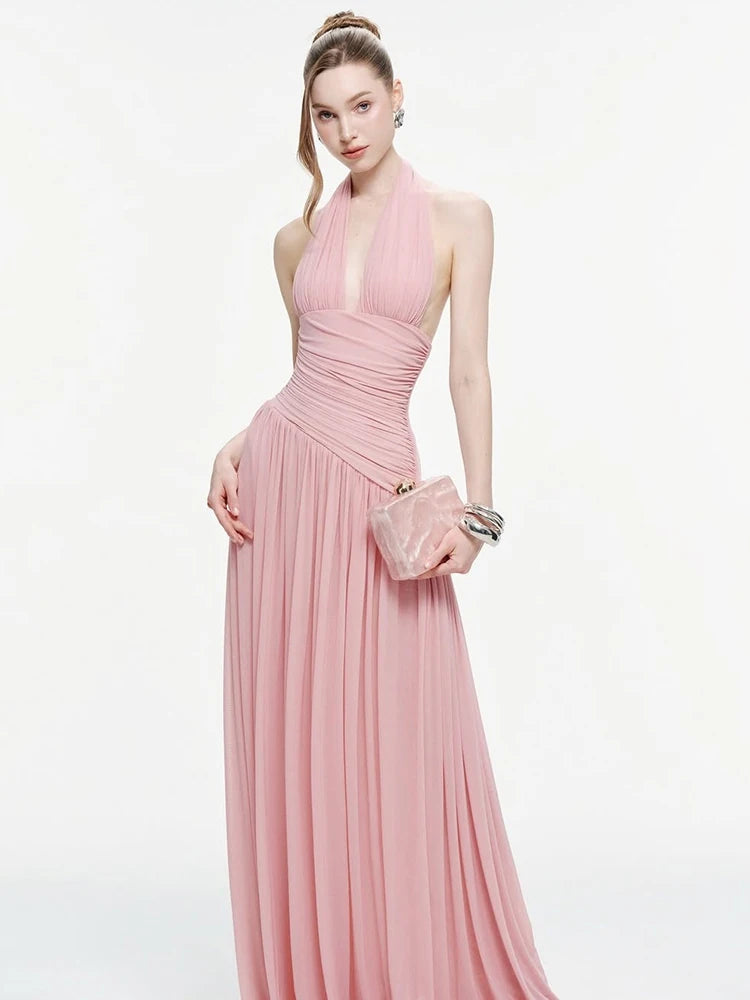 Nibber Backless Fashion Draped Maxi Dress Women Halter Bandage Tassel v-Neck Sleeveless Birthday Party Elegant Chic Vestidos