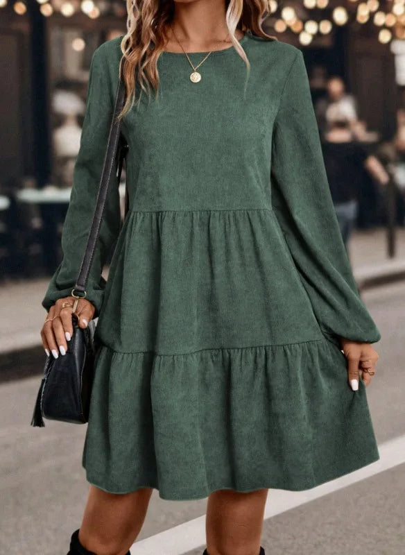 Women's Long Sleeve Tiered Ruffle Mini Dress, Casual Round Neck Solid Color Swing A-Line Dress for Autumn Winter Daily Wear