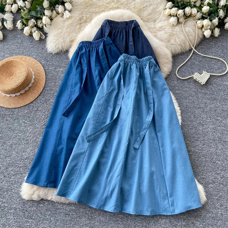 KAROFI Women Bow Tie Elastic Waist Denim Long Skirt Korean A Line Flowy Midi Jeans Skirt Casual Loose Vintage Blue Maxi Skirts