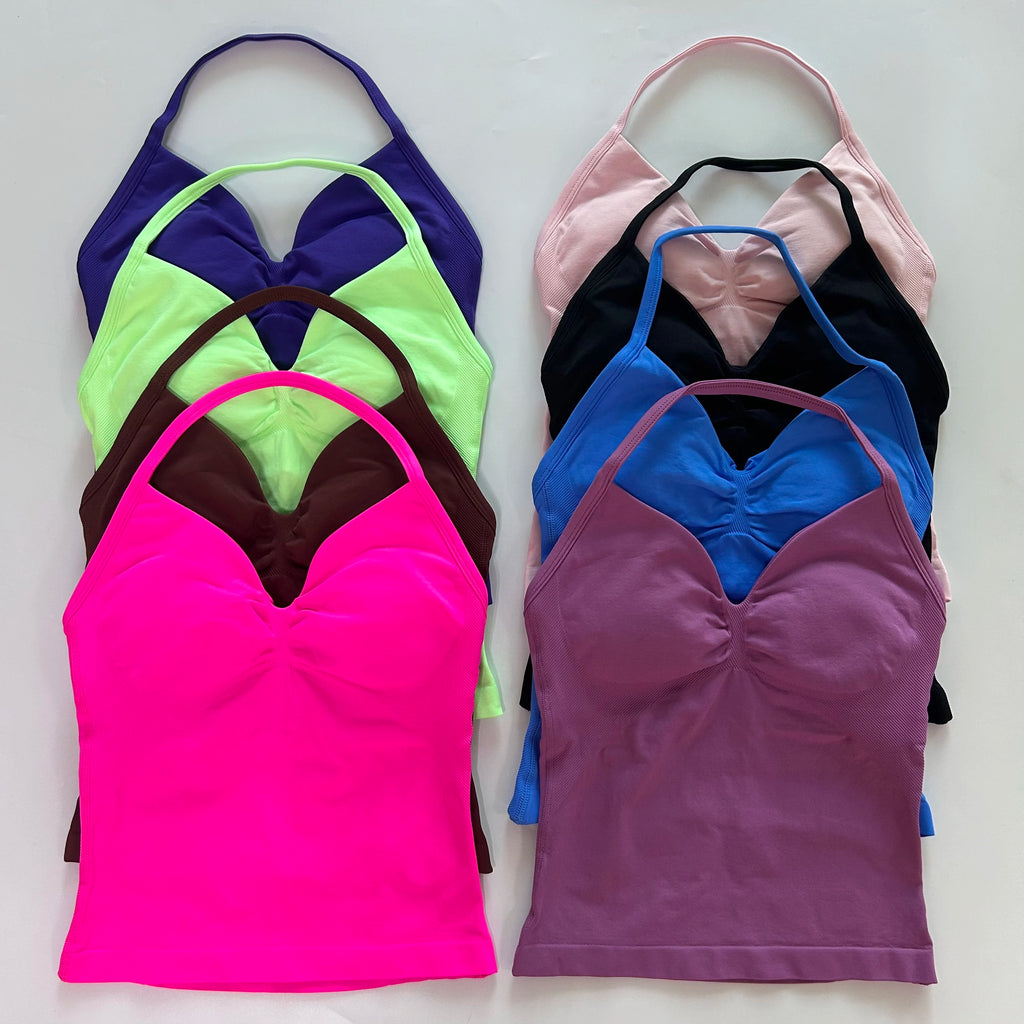 No Logo Longline Strappy Top Women Seamless Yoga Tank Tops Buit-in Bra Ruched Backless Gym Clothes Sleeveless Shirt Workout Top