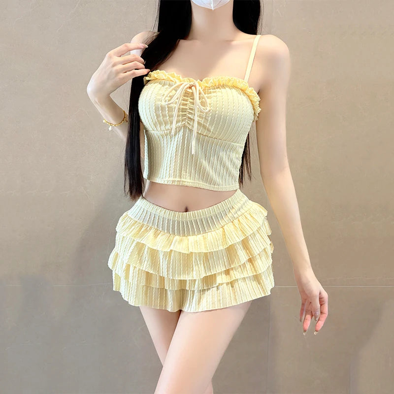Summer 2 Piece Skirt Set Women Tube Top Tie Front Ruffle Mini Skirt Y2K Cute Holiday Beachwear