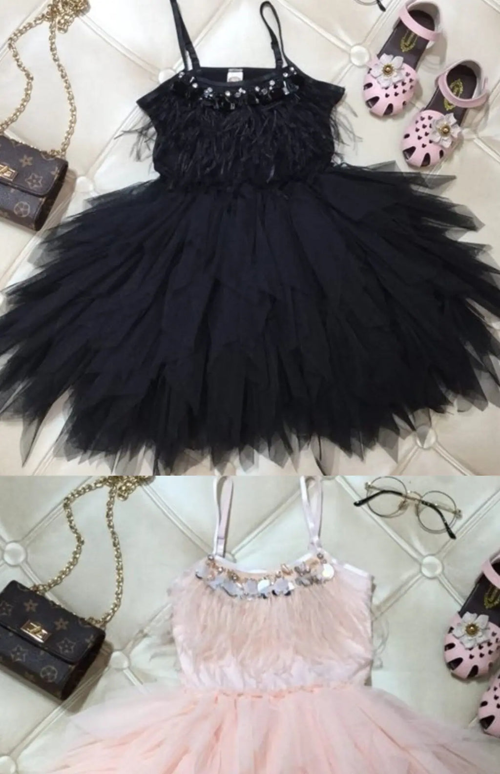 High-end Girls Tutu Dress 2026 New Summer Kids Sequin Flower Feather Slip Dresses Little Girls Princess Performance Dress