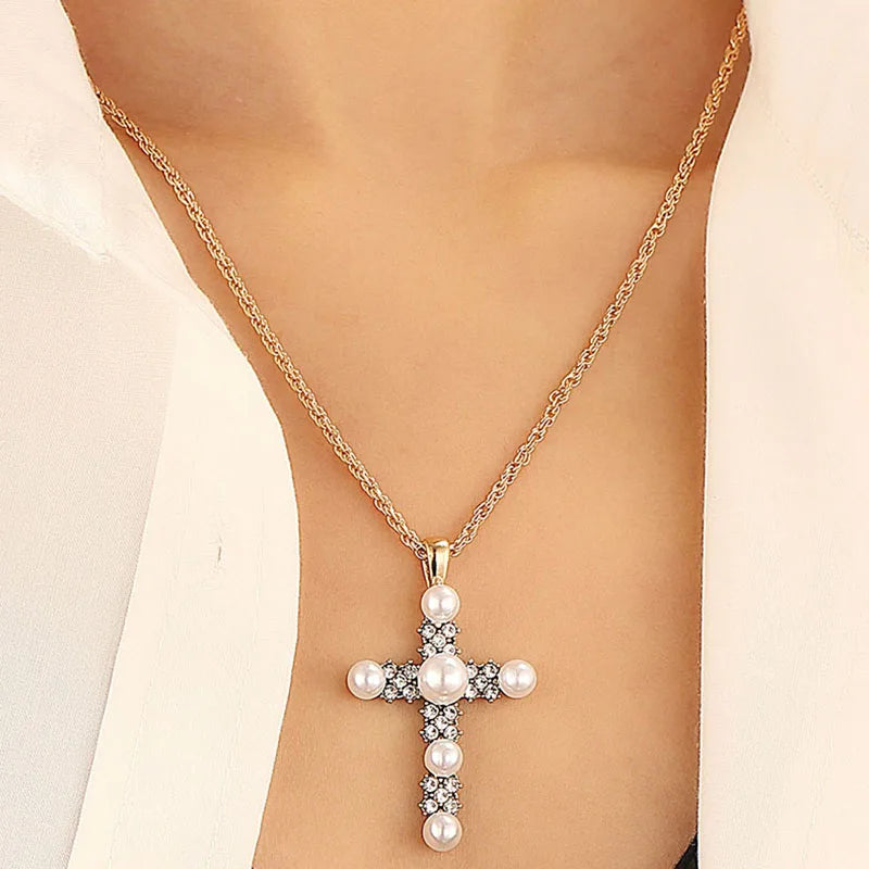 Punk Cross Pendant Gothic Imitation Pearls Necklace For Man Woman Y2K Choker Hiphop Star Trend Jewelry Premium Clavicle Chain