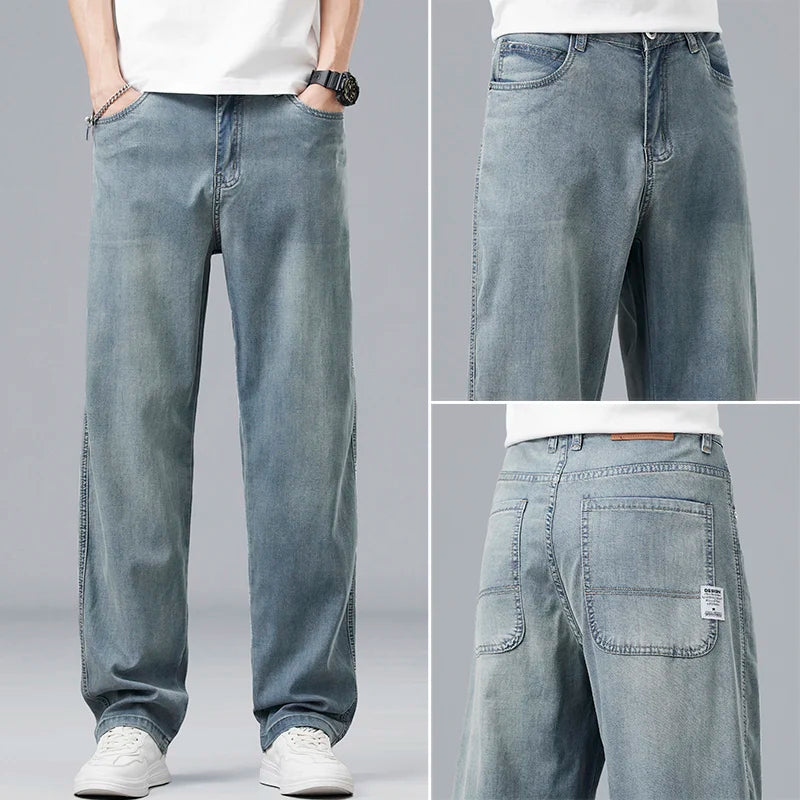 Summer Ultra-Thin Lyocell Men'S Jeans Drape Soft Fabric Loose Straight Casual Denim Pants Elastic Ice Silk Male Trousers