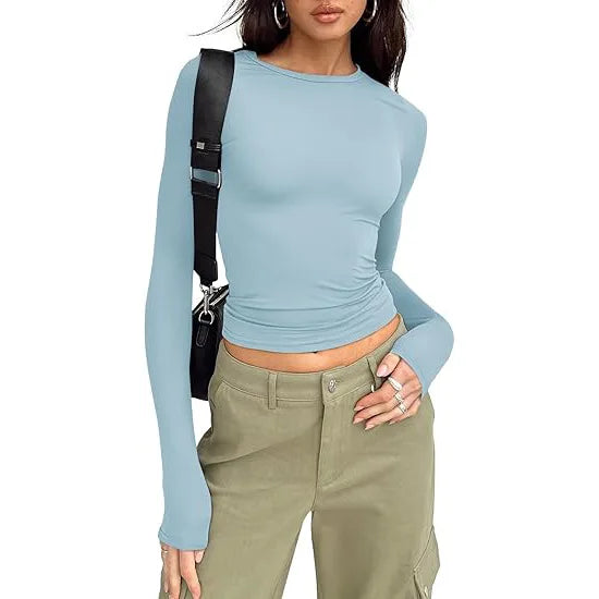 1pcs Woman Clothing Long Sleeve T-shirt Slim Fit Top Female O-Neck Knitted Sheath Tee Shirt Street Wear Sexy Sport Solid Tshirt