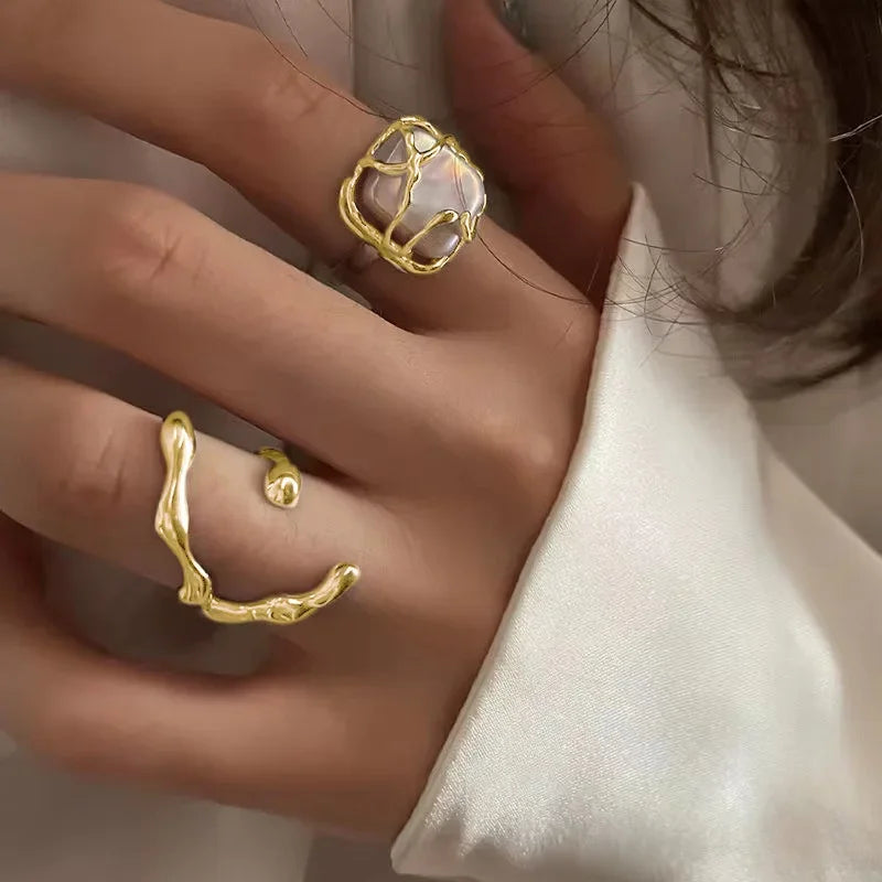 New Irregular Opening Pearl Ring Two-Piece Set For Women'S Fashionable Personalized Daily Accessory Jewelry Birthday Gifts