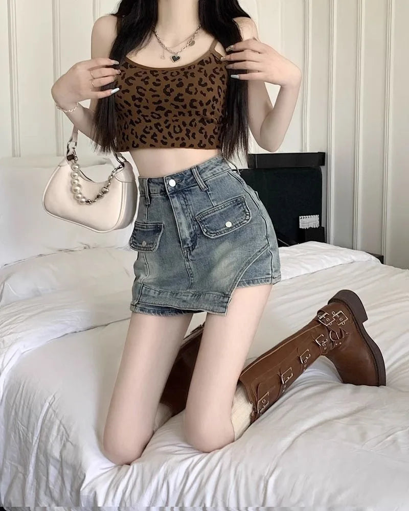 Retro Spicy Girl Uneven Denim Mini Skirt High Waist Slim Fit Women's Summer New Style Short Skirt Bodycon Skirt New Style