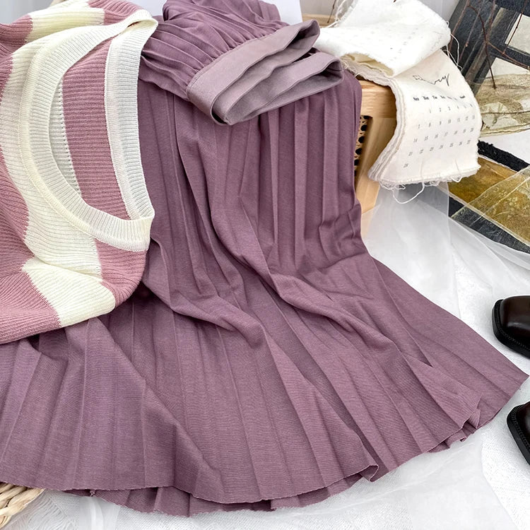 2026 Elegant High Waist Pleated Skirt for Women Mid-long Midi Skirt Female High Quality Black Saia