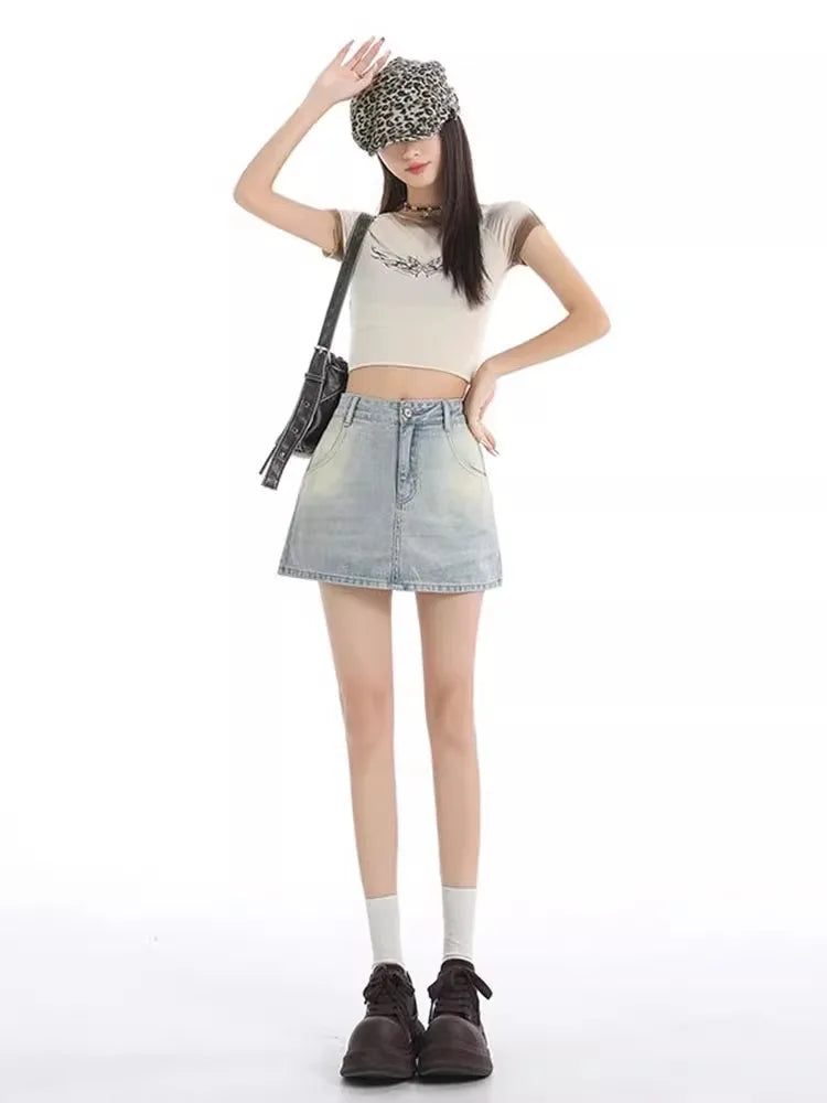 Retro American Washed Slim Fit Denim  Skirt Women Summer Hot Girl High Waist Bodycon Anti Exposure a Line Half Body Skirt