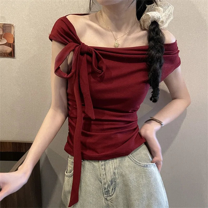 Sexy Spice Girl Shoulder Short Tshirt Women's Strap Slit Cleanfit Style Ladies' T-shirt Linen Fabric A-line Sleeve Other Mate...