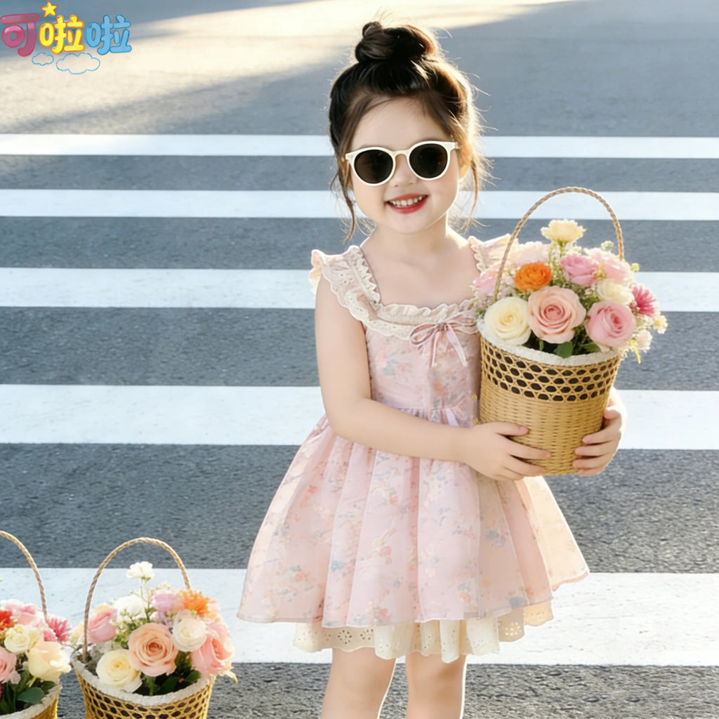 Girls' New Summer Korean Style Floral Print Sweet Princess Dress with Small Flutter Sleeves and Lace