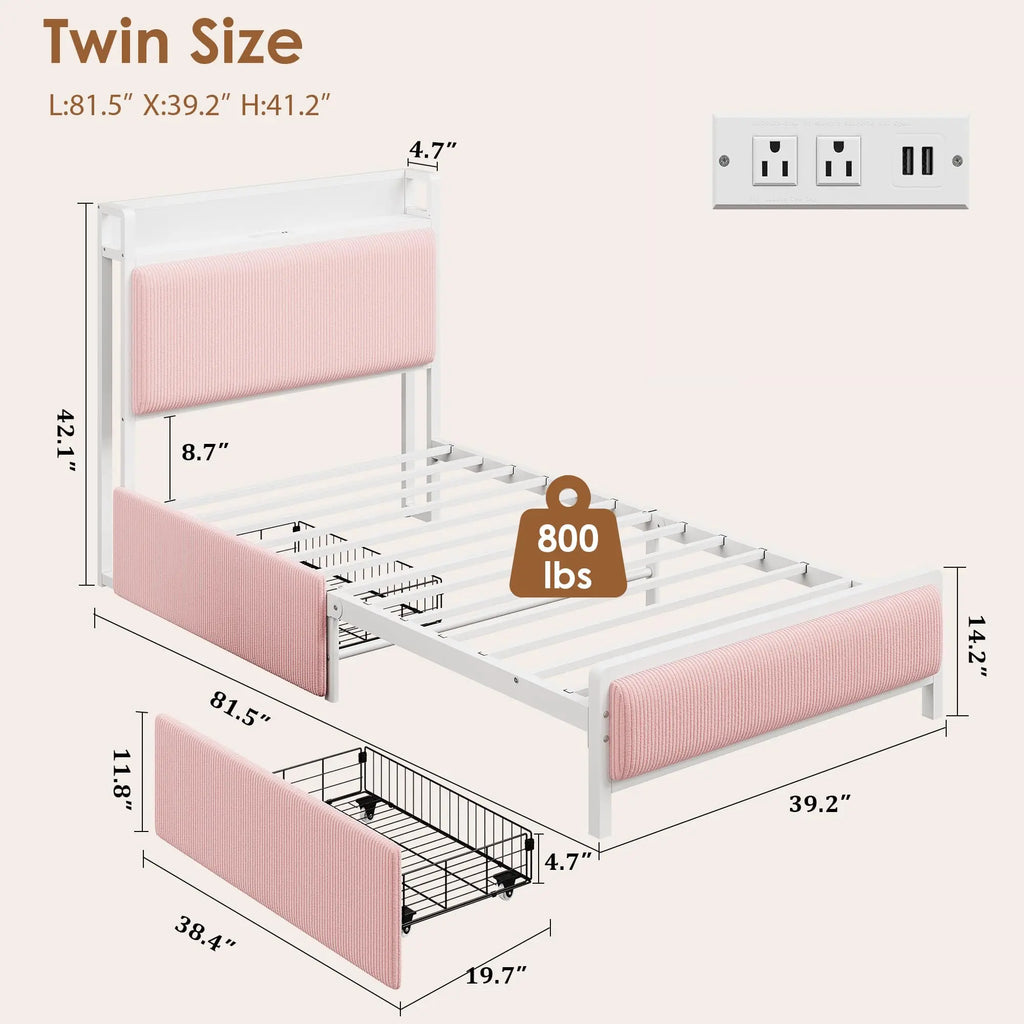 Twin/Twin XL Bed Frame With 2 Drawers, Charging Station, Corduroy Upholstered Shelf Headboard, Underbed Storage, No Box Spring