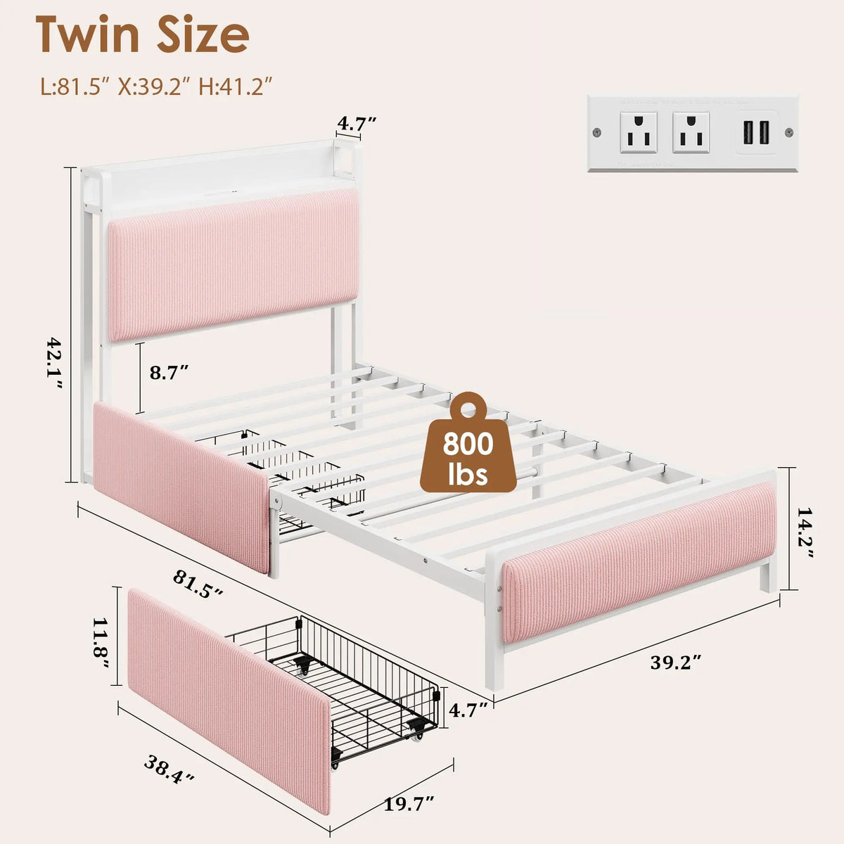 Twin/Twin XL Bed Frame With 2 Drawers, Charging Station, Corduroy Upholstered Shelf Headboard, Underbed Storage, No Box Spring