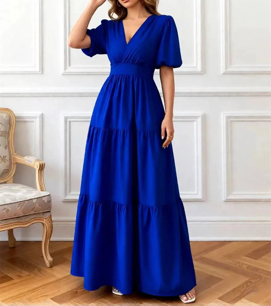 New Spring/Summer Fashion Casual Short Sleeve V-neck Solid Color Slim Fit Ankle Length Patchwork Fit And Flare Dress,2 Colors