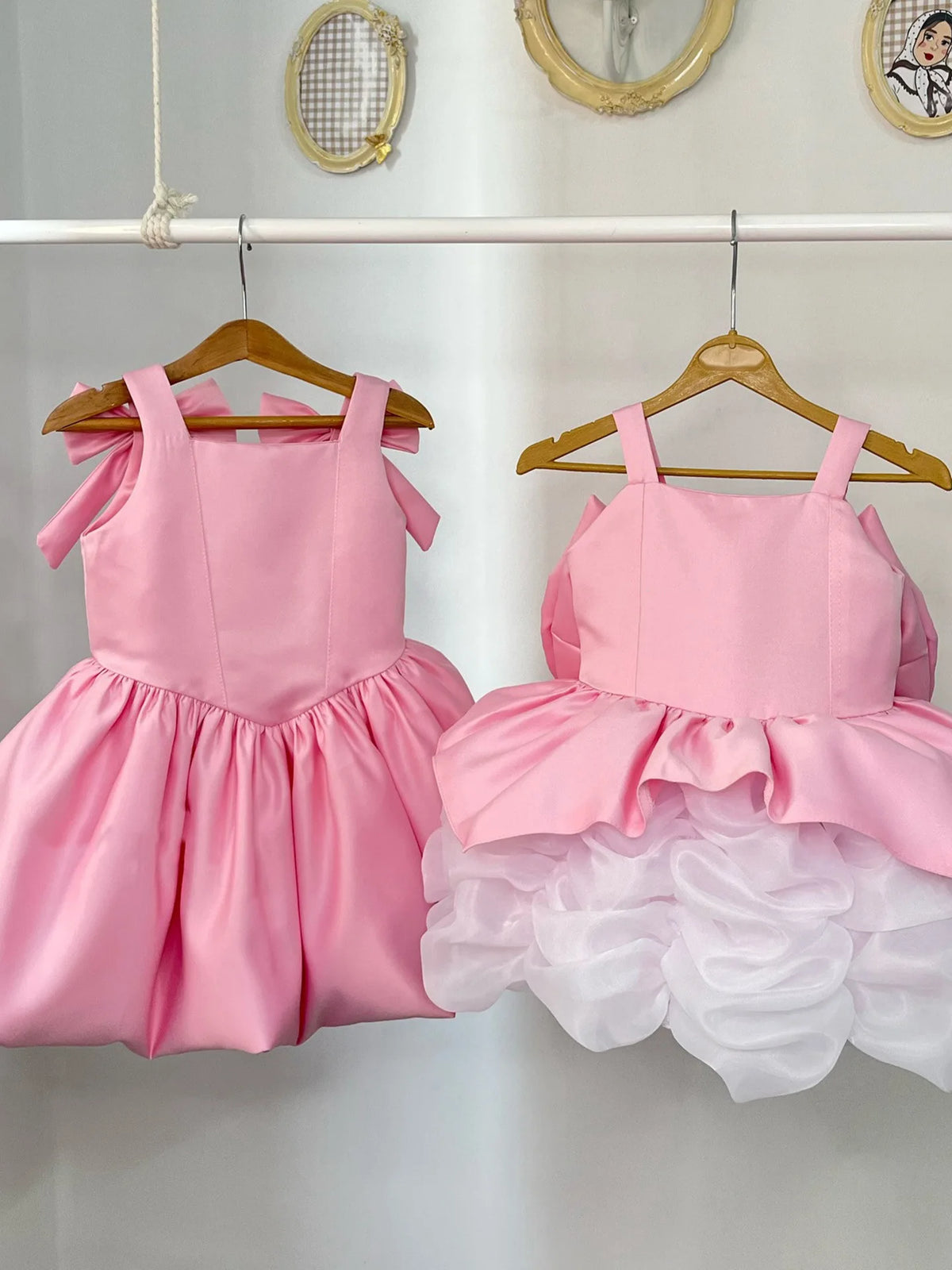 HETISO Girls Elegant Satin Vintage Dresses Cute Solid Pink Sky Blue Flower Kids Birthday Holiday Wedding Party Ball Gown