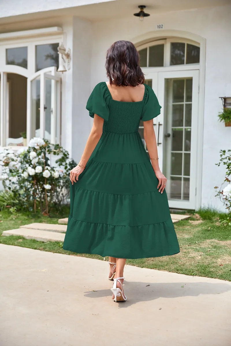 2026 Spring Summer Elegant Women's Long Dress Fashionable Solid Color Square Neck Puff Sleeve Pleated Slim Fit Loose Hem Dress