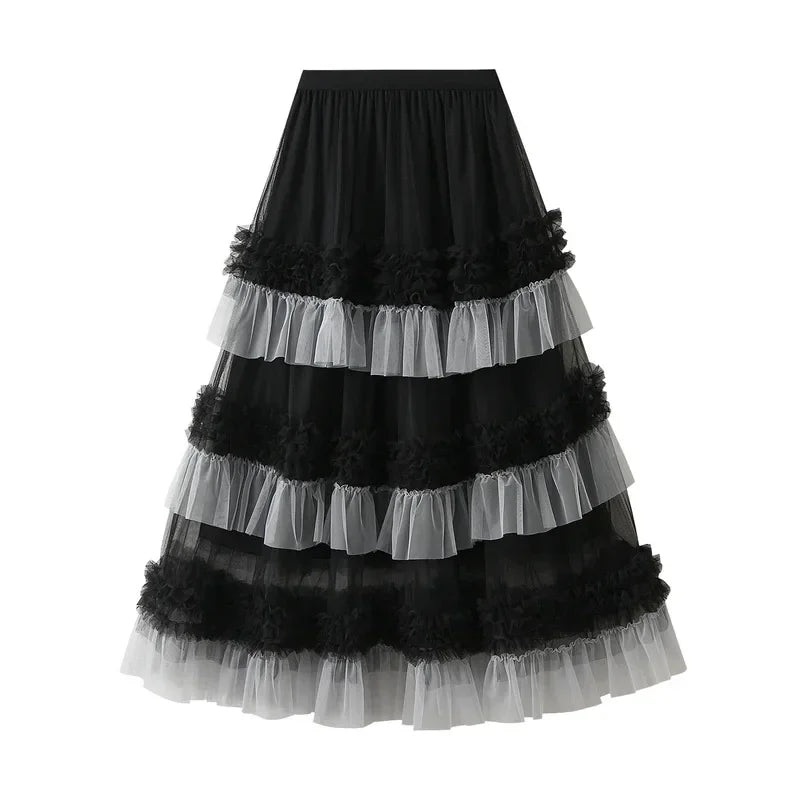 Autumn and Winter New Color Scheme Fashionable Dress for Women Big Swing Yarn Skirt Sweet Lace Pleated Edge Dancing Skirt 1391