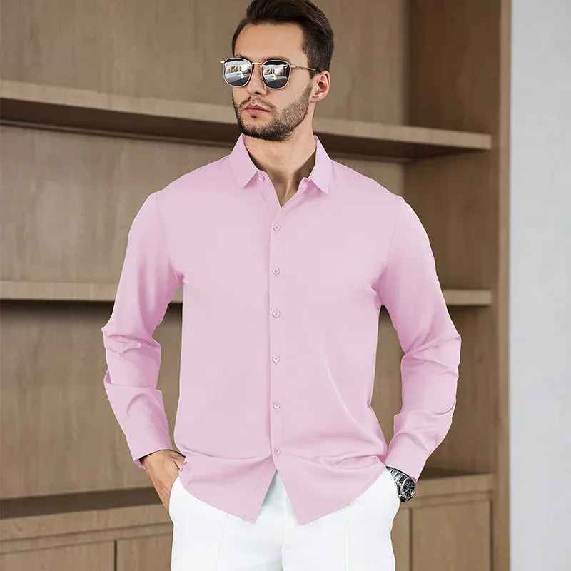 New Men'S Business Casual Long Sleeved Solid Color Shirt Wrinkle Resistant Wrinkle Free Comfortable All Season Versatile Top