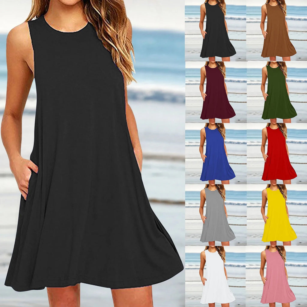 Women's Dress Summer Casual T Shirt Dresses Beach Cover Up Plain Pleated Tank Pockets Dress Sleeveless Solid Color Sundress