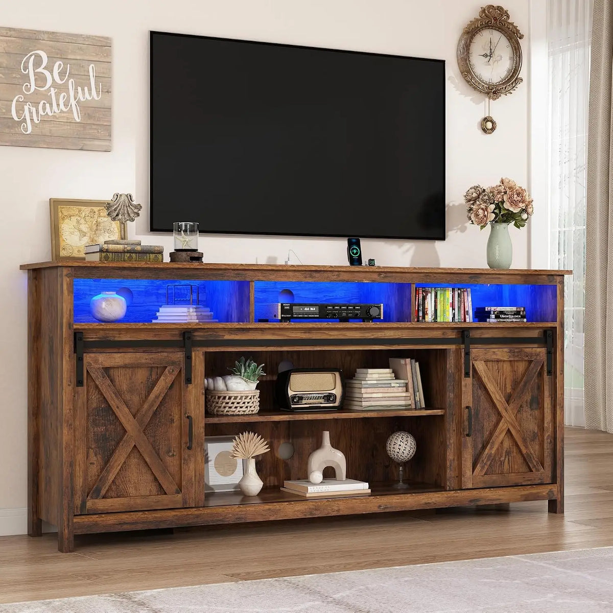 57" Farmhouse TV Stand with LED Lights, Power Outlets & Barn Doors