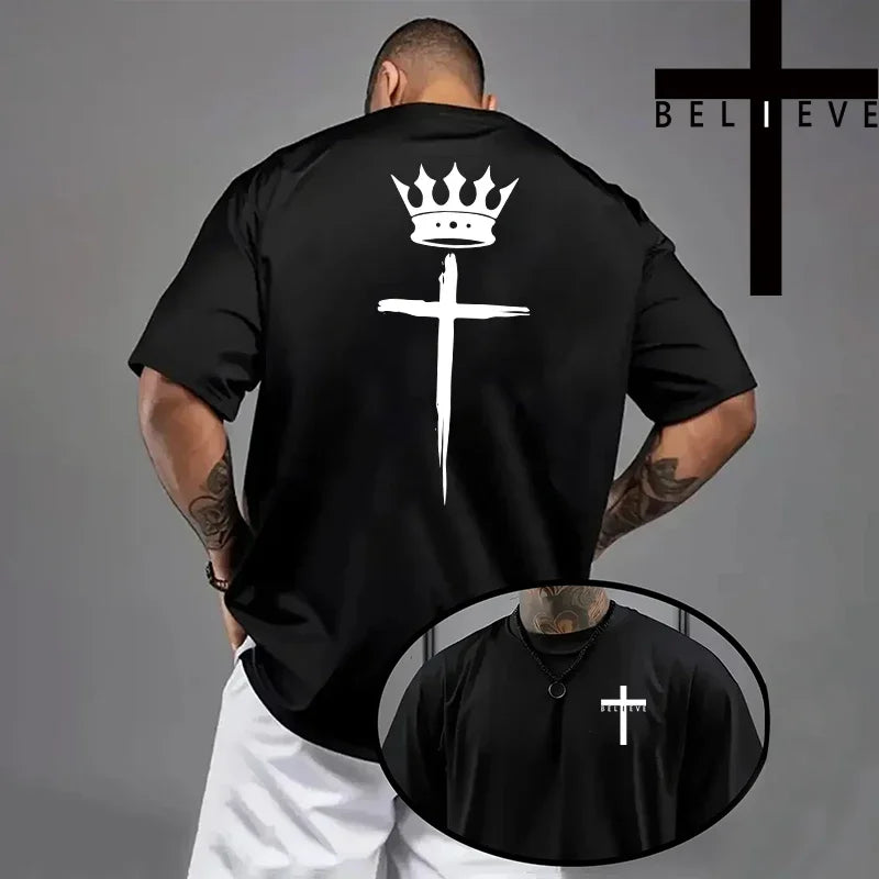 Men's Jesus Cross Print T-Shirt - Casual Short Sleeve Cotton Tee